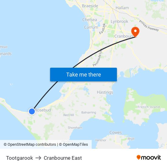 Tootgarook to Cranbourne East map