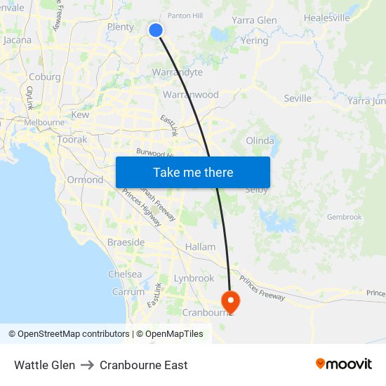 Wattle Glen to Cranbourne East map