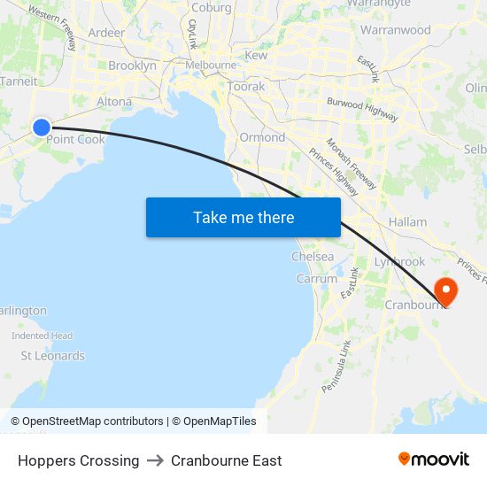 Hoppers Crossing to Cranbourne East map