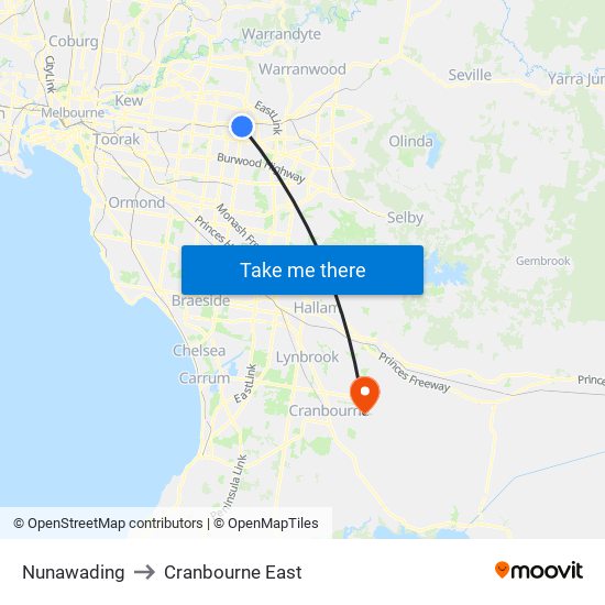 Nunawading to Cranbourne East map