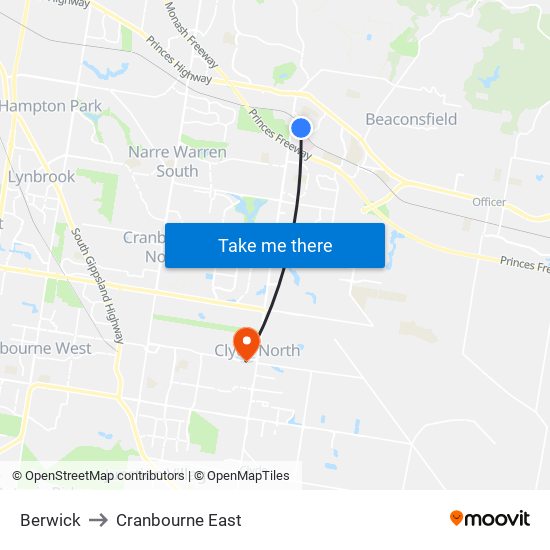 Berwick to Cranbourne East map