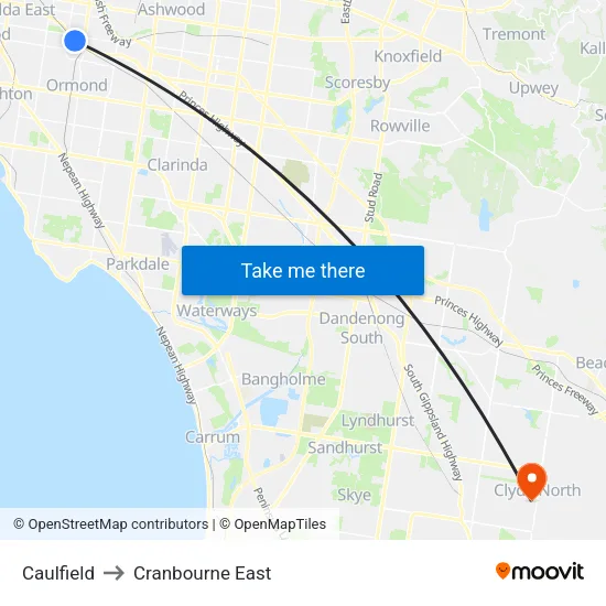Caulfield to Cranbourne East map