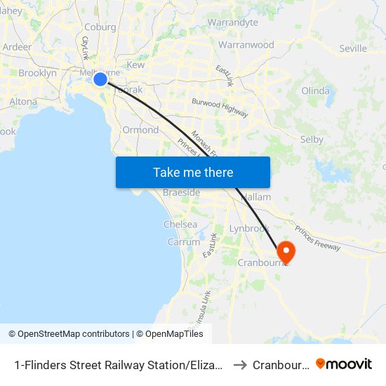 1-Flinders Street Railway Station/Elizabeth St (Melbourne City) to Cranbourne East map