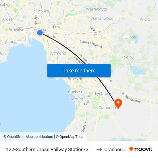 122-Southern Cross Railway Station/Spencer St (Melbourne City) to Cranbourne East map