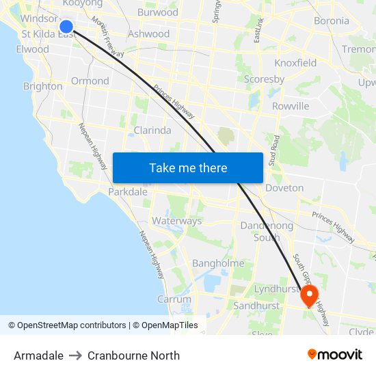 Armadale to Cranbourne North map