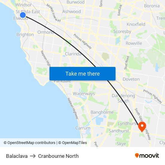 Balaclava to Cranbourne North map