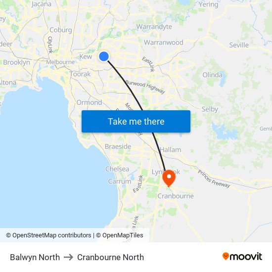 Balwyn North to Cranbourne North map
