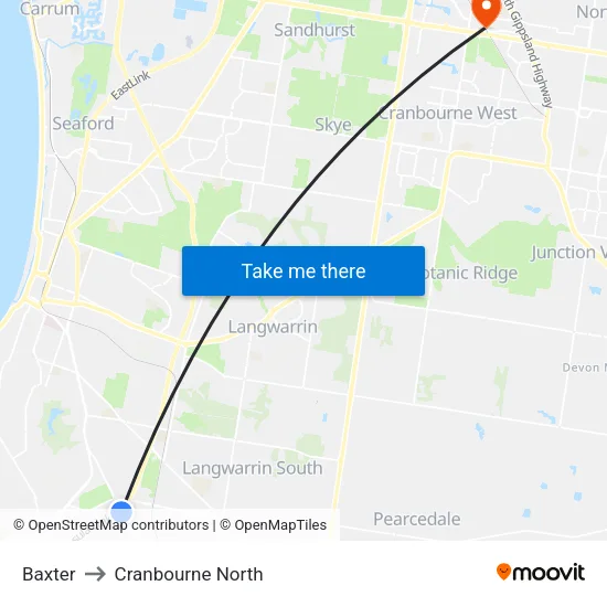Baxter to Cranbourne North map