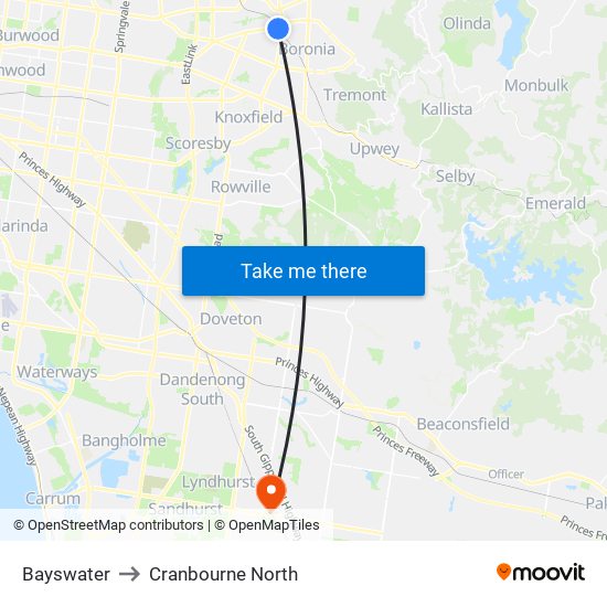 Bayswater to Cranbourne North map