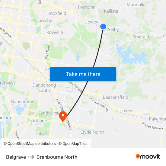 Belgrave to Cranbourne North map