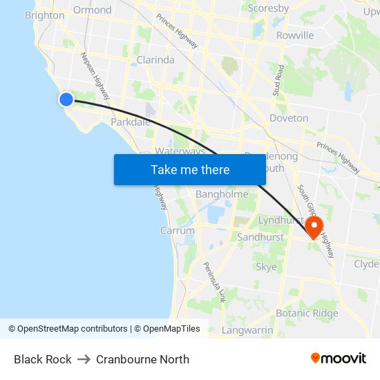 Black Rock to Cranbourne North map