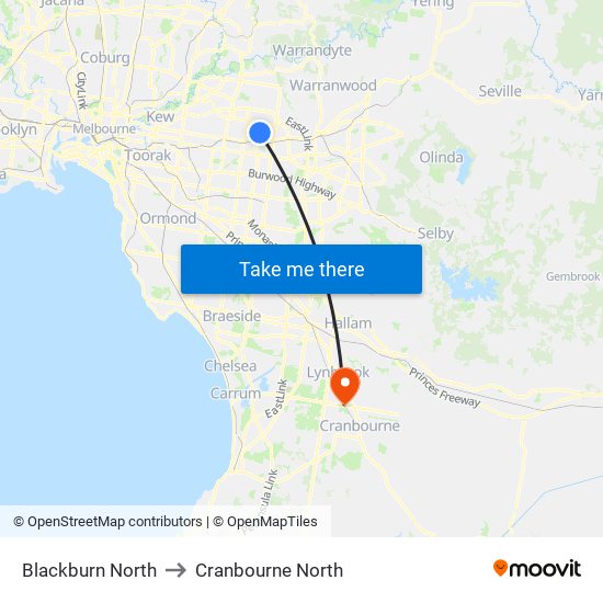 Blackburn North to Cranbourne North map