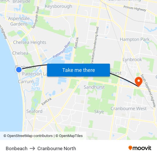 Bonbeach to Cranbourne North map