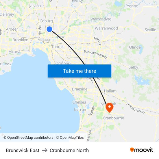 Brunswick East to Cranbourne North map