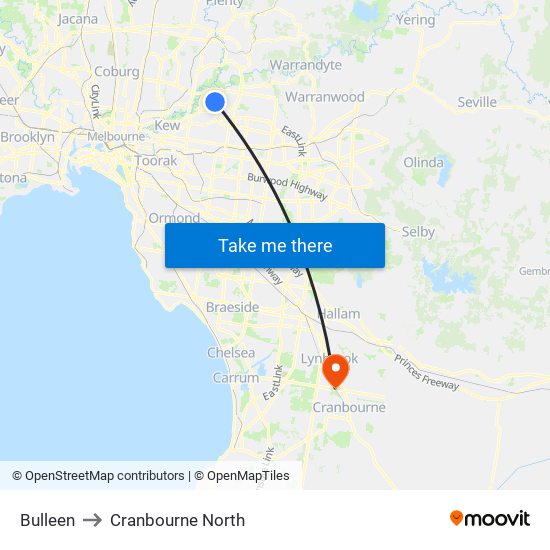 Bulleen to Cranbourne North map