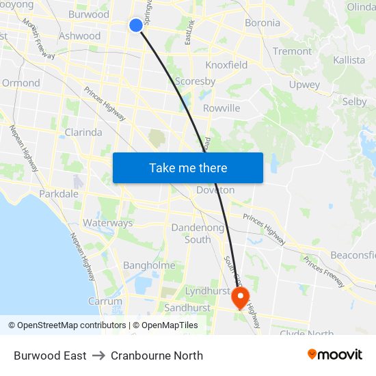 Burwood East to Cranbourne North map