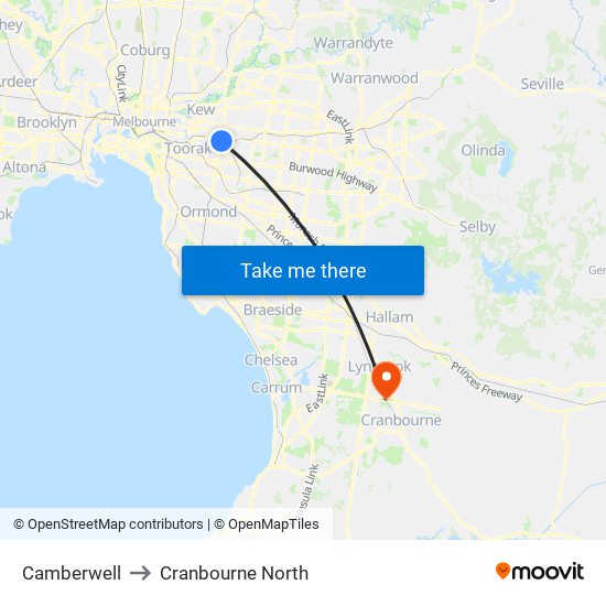 Camberwell to Cranbourne North map