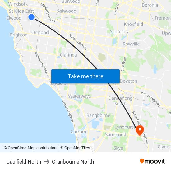 Caulfield North to Cranbourne North map