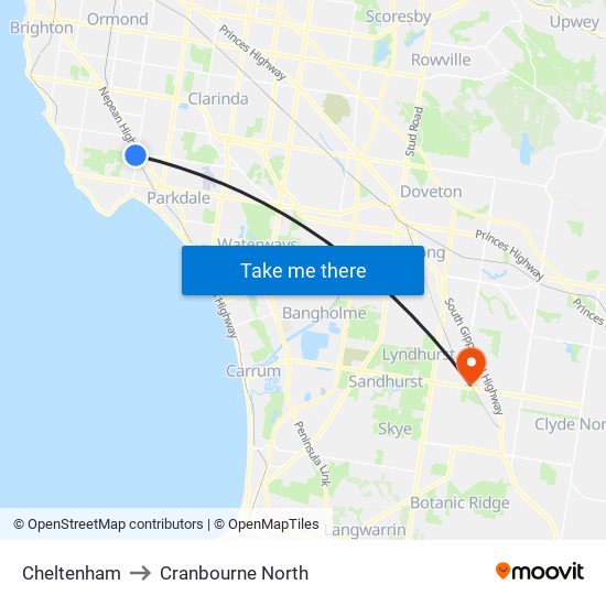 Cheltenham to Cranbourne North map