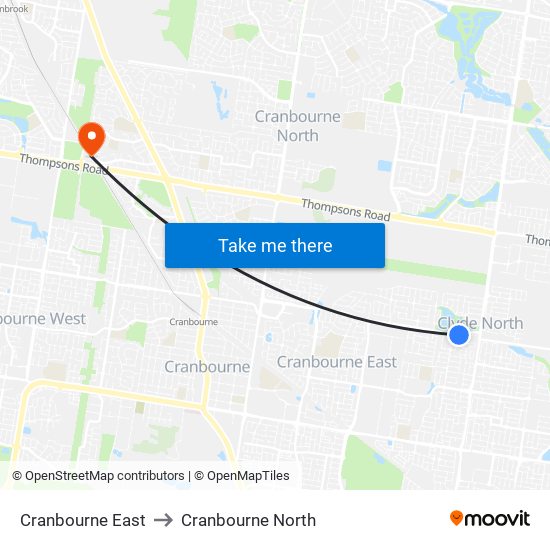 Cranbourne East to Cranbourne North map