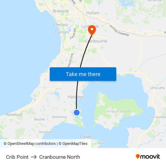 Crib Point to Cranbourne North map