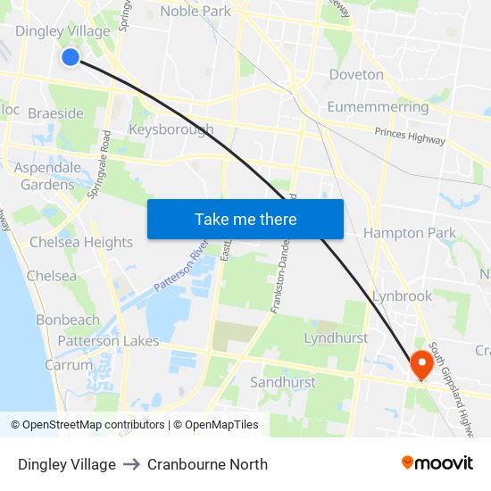 Dingley Village to Cranbourne North map