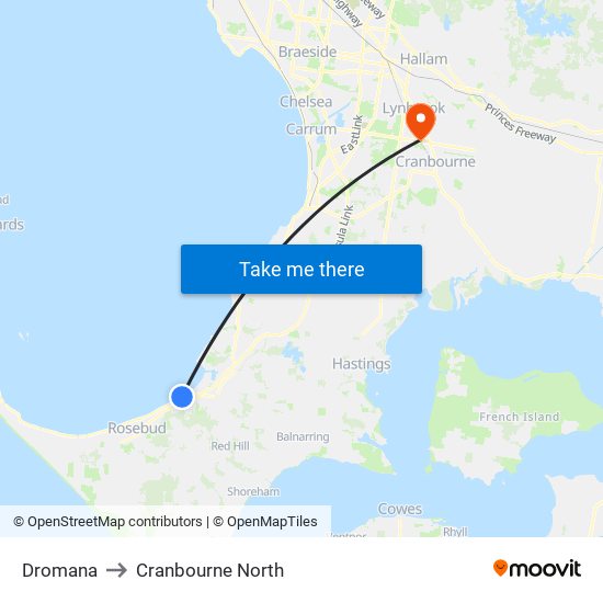 Dromana to Cranbourne North map