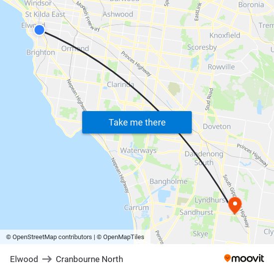 Elwood to Cranbourne North map