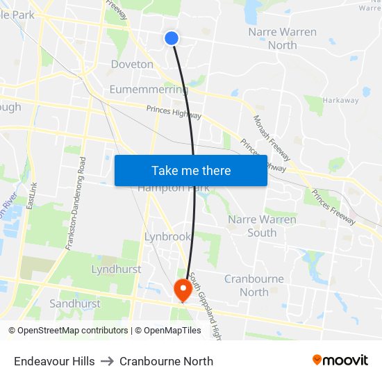 Endeavour Hills to Cranbourne North map