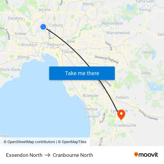 Essendon North to Cranbourne North map