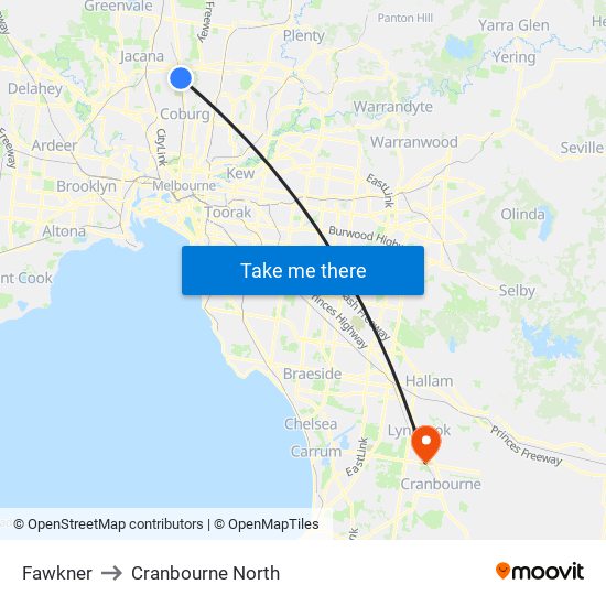 Fawkner to Cranbourne North map