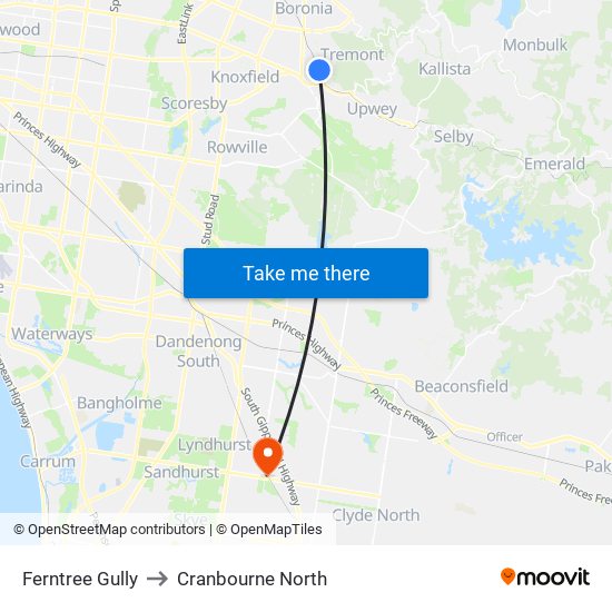 Ferntree Gully to Cranbourne North map