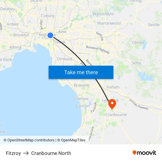 Fitzroy to Cranbourne North map