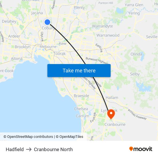 Hadfield to Cranbourne North map