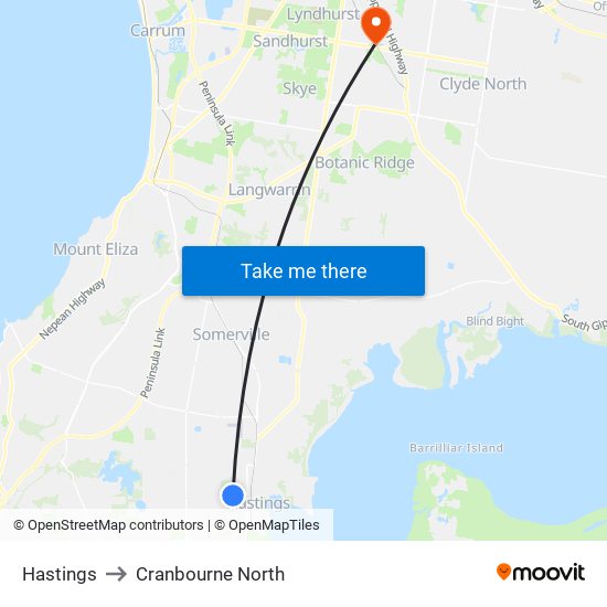 Hastings to Cranbourne North map