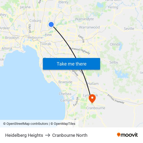 Heidelberg Heights to Cranbourne North map