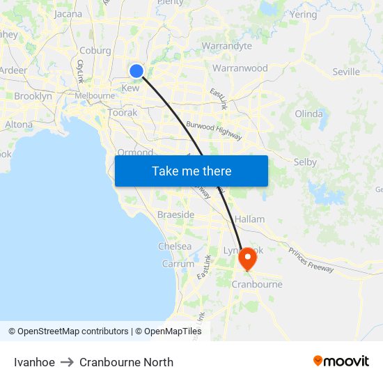 Ivanhoe to Cranbourne North map