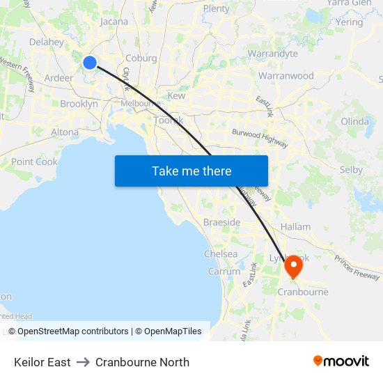 Keilor East to Cranbourne North map