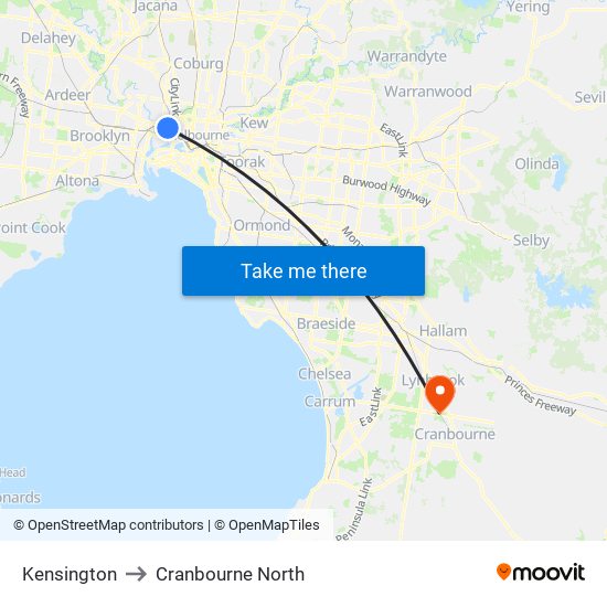 Kensington to Cranbourne North map