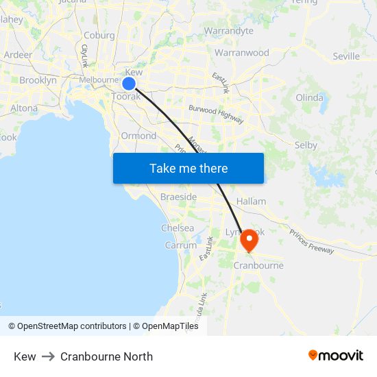 Kew to Cranbourne North map