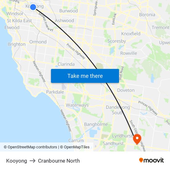 Kooyong to Cranbourne North map