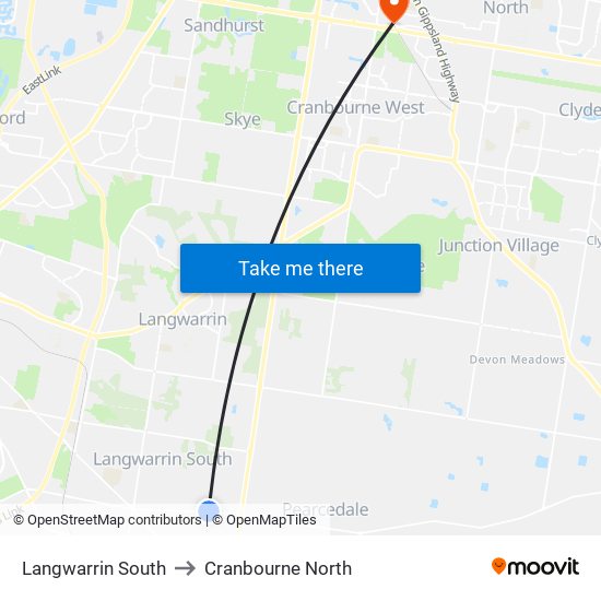 Langwarrin South to Cranbourne North map