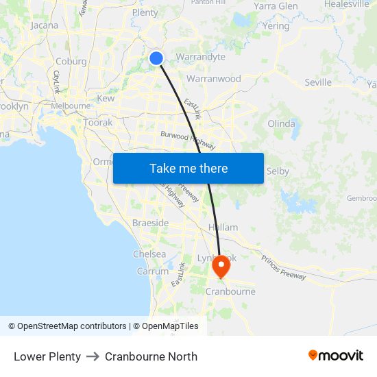 Lower Plenty to Cranbourne North map