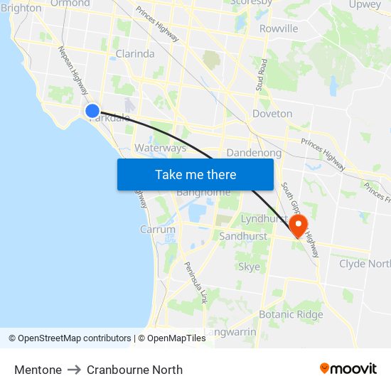 Mentone to Cranbourne North map