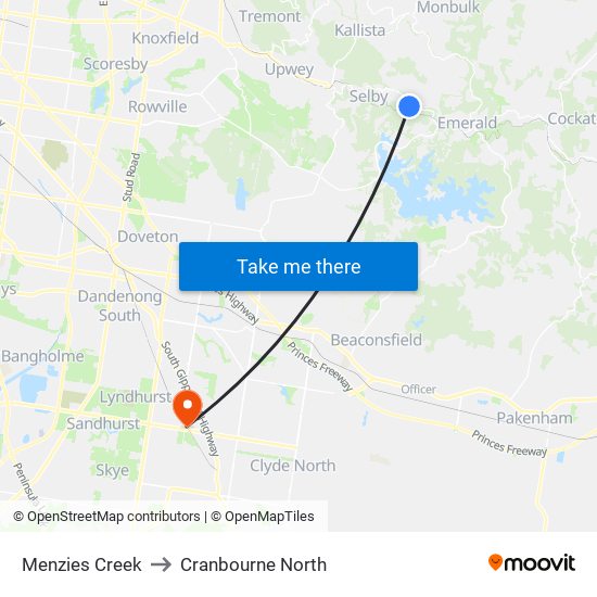 Menzies Creek to Cranbourne North map