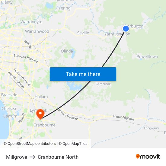 Millgrove to Cranbourne North map