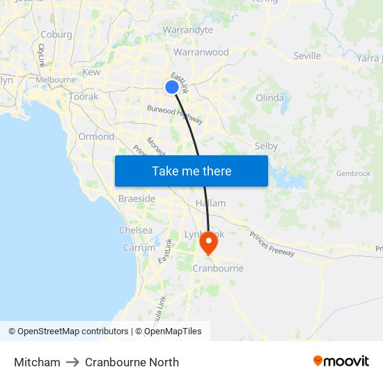 Mitcham to Cranbourne North map