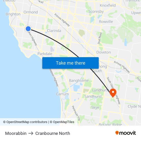 Moorabbin to Cranbourne North map