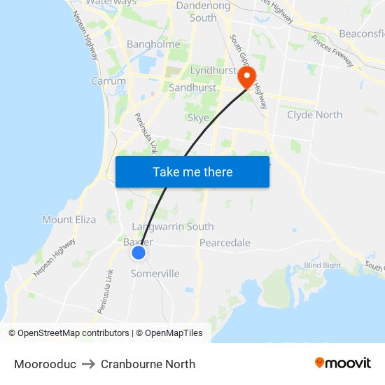 Moorooduc to Cranbourne North map