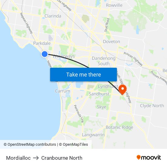 Mordialloc to Cranbourne North map